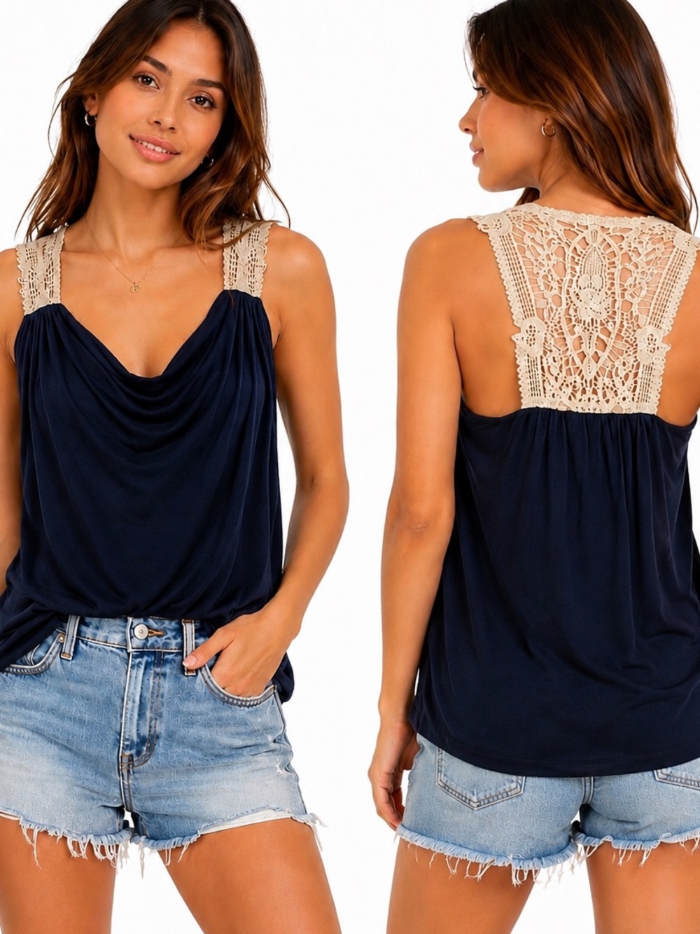 Banana Republic Navy Cowl Cami with Cream Lace Back